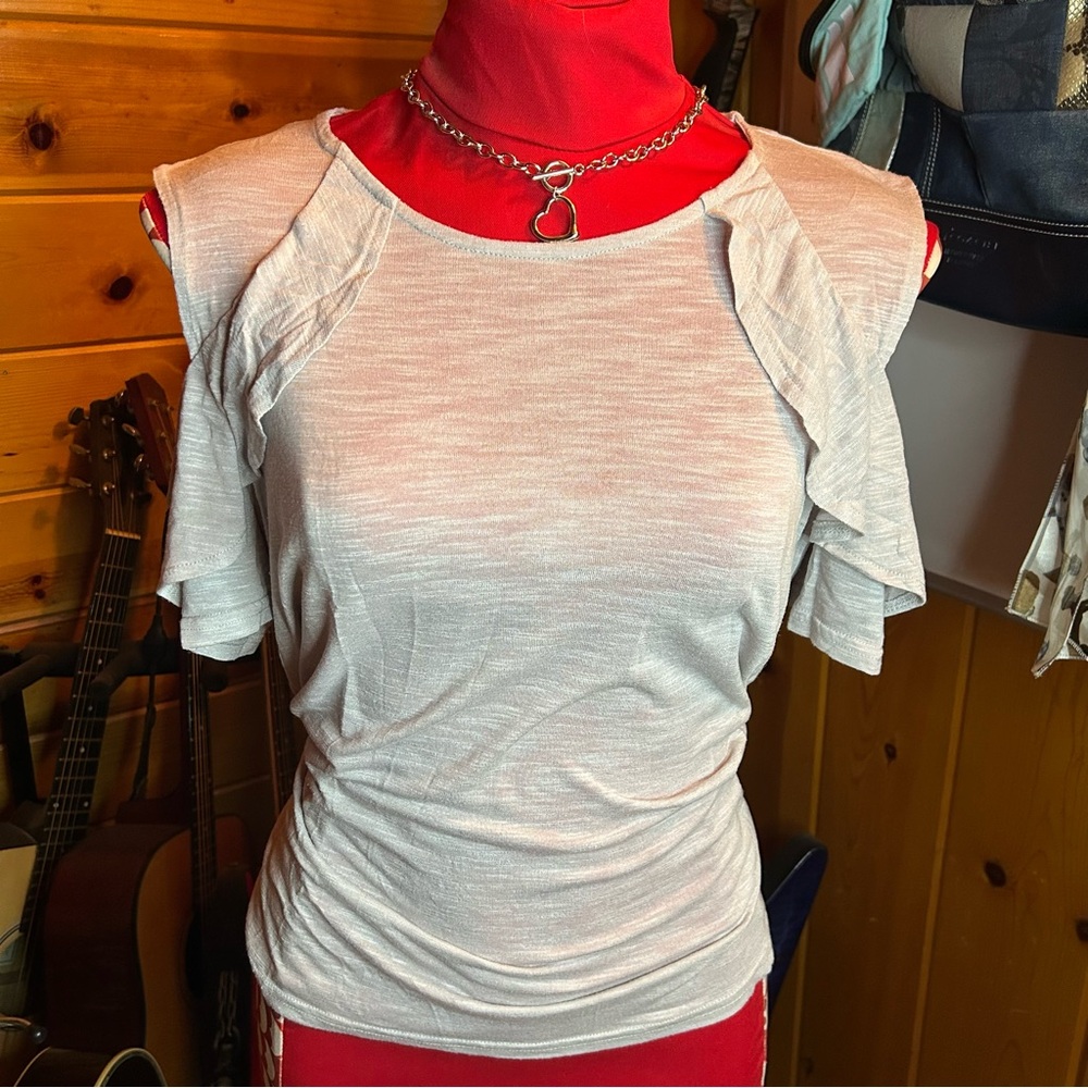 Juicy Couture Women’s Gray Ruffle Cold Shoulder Top Sz L Flowy Chic Off Shoulder